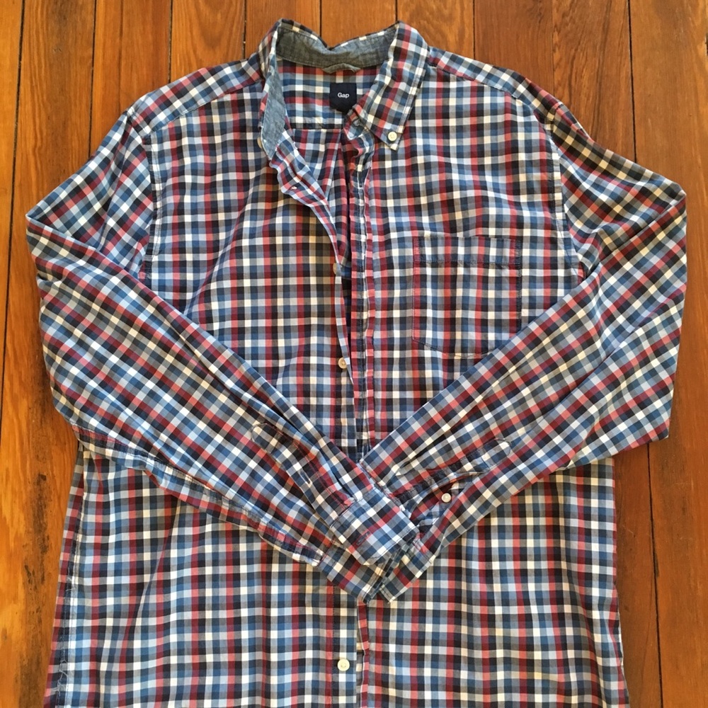Gap button down in classic blues, white, and red